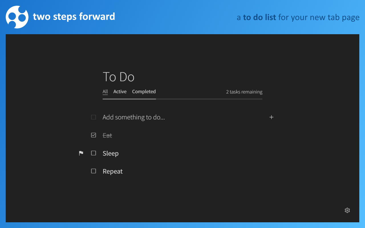 Screenshot of the Two Steps Forward extension with the logo shown above and the slogan of 'a to do list for your new tab page'