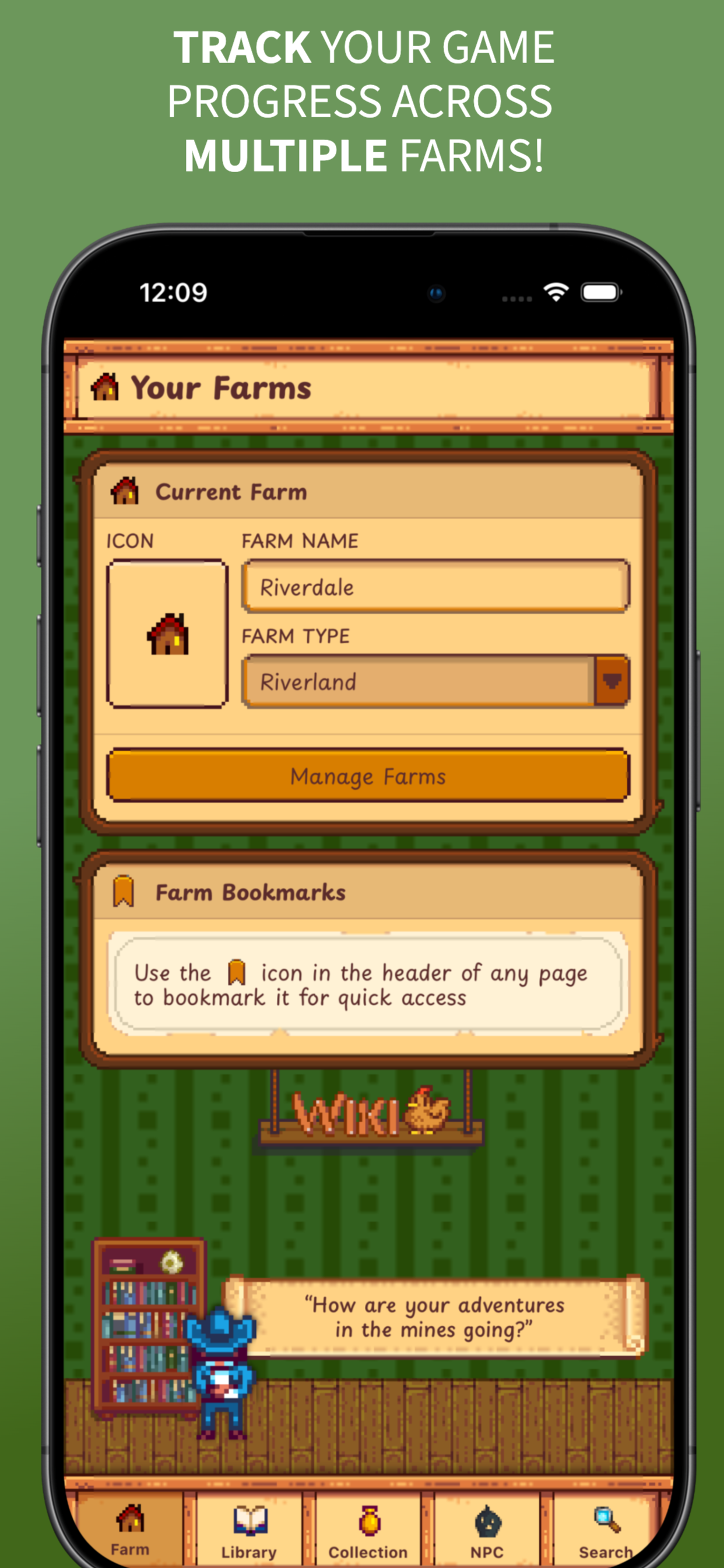 Marketing image for Gunther's Library that says 'Track your game progress across multiple farms!'